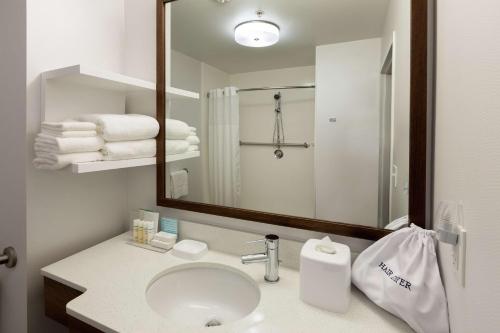 a hotel bathroom with a sink and a mirror at Hampton Inn Houston/Humble-Airport Area in Humble