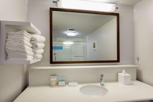 a bathroom with a sink with a mirror and towels at Hampton Inn Houston/Humble-Airport Area in Humble