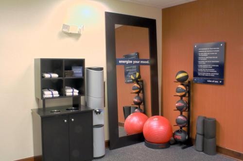 una sala de fitness con espejo y bolas en la pared en Hampton Inn Jacksonville I-10 West, en Jacksonville