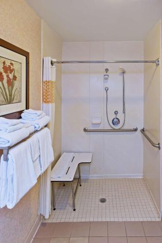 a bathroom with a shower and a sink at Hampton Inn Jonesboro in Jonesboro