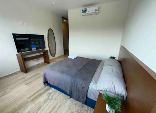 a bedroom with a bed and a television in it at D2 Departamento Centrico Mérida in Mérida
