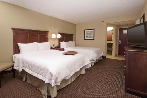 a hotel room with two beds and a flat screen tv at Hampton Inn Indianapolis Northeast/Castleton in Indianapolis