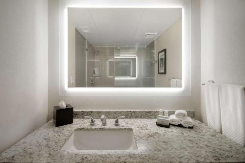 a bathroom with a sink and a large mirror at Embassy Suites by Hilton Jacksonville Baymeadows in Jacksonville