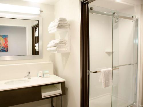 a bathroom with a shower and a sink at Hampton Inn Lebanon in Lebanon