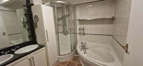 ein Badezimmer mit einer Dusche, einer Badewanne und einem Waschbecken in der Unterkunft The Copper fields in London