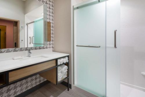La salle de bains est pourvue d'un lavabo et d'une douche. dans l'établissement Hilton Garden Inn Hays, KS, à Paraparaumu