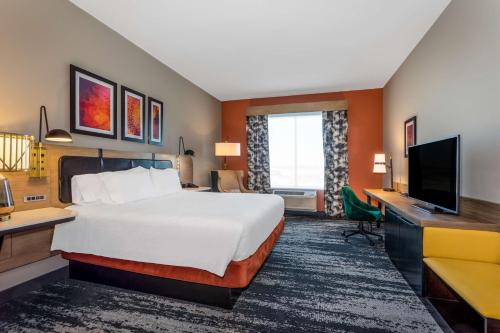 海斯的住宿－Hilton Garden Inn Hays, KS，酒店客房配有一张床、一张书桌和一台电视。