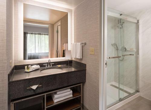 a bathroom with a sink and a shower at Hilton Fairfax, Va in Fairfax