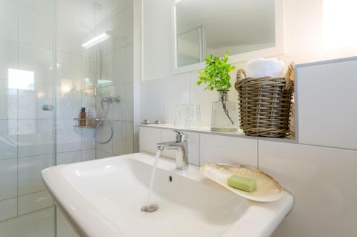 La salle de bains blanche est pourvue d'un lavabo et d'une douche. dans l'établissement Herthaquelle Wohnung 5 "Das Nest", à Garz