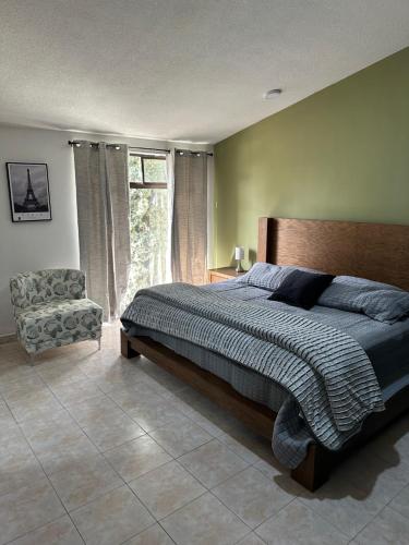 a bedroom with a bed and a chair and a window at Santa Madre B&B in San Luis Potosí