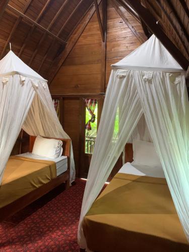 2 camas en una habitación con mosquiteras en Bulian Homestay, en Kubutambahan
