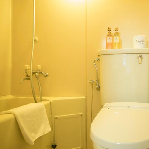 a bathroom with a white toilet and a shower at FLEXSTAY INN Kawasaki Kaizuka in Kawasaki