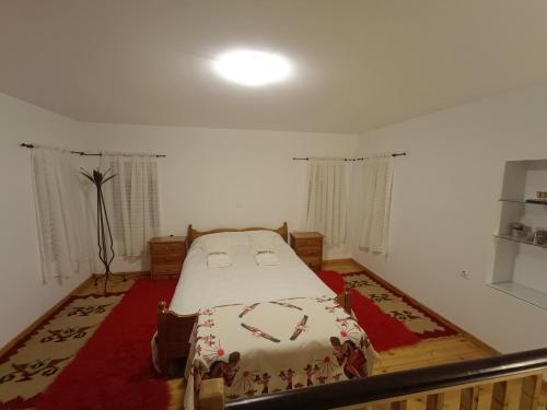 1 dormitorio con cama y alfombra roja en Charlami's Mansion en Polýdroson