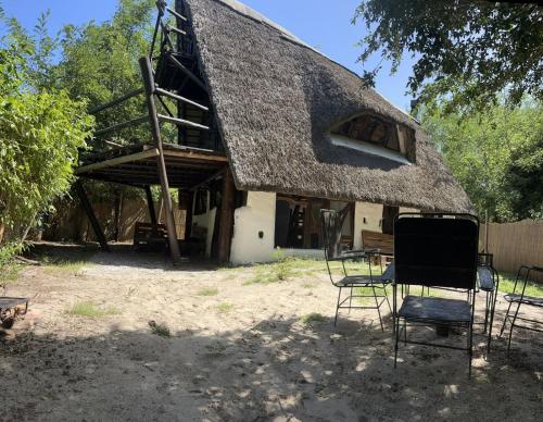 a house with a thatched roof with chairs in front of it at Cabaña bosque y mar in Salinas 