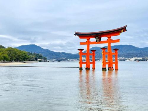 an orange torii gate sitting in the water at YKHouse 尾道から車で10分 駐車場完備 in Mihara