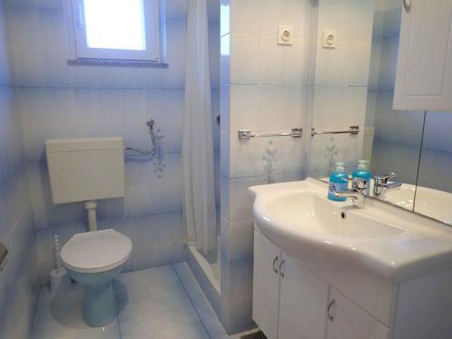 a white bathroom with a toilet and a sink at Apartments Seline/Paklenica Riviera 36550 in Seline