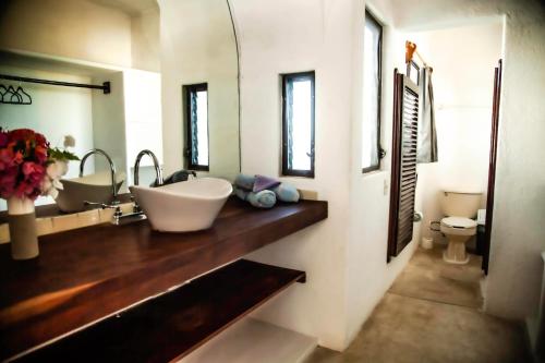 baño con lavabo grande y aseo en Villas Mykonos en Zipolite