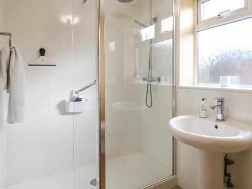 a bathroom with a shower and a sink at Sea Pearl in Lowestoft