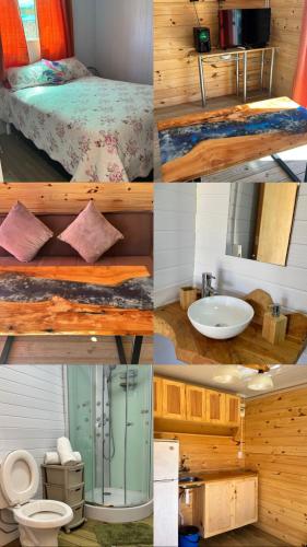 a collage of photos of a bedroom and a bathroom at La Cabaña Punta Negra in Punta Colorada