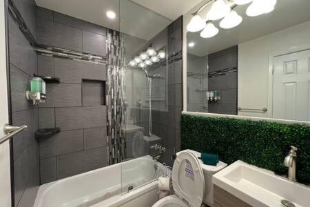 een badkamer met een toilet, een wastafel en een spiegel bij Cozy home with pool and hot tub in Irving