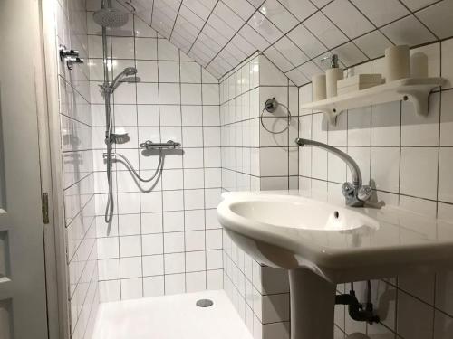 y baño blanco con lavabo y ducha. en Maison de 3 chambres a Annebault, en Annebault