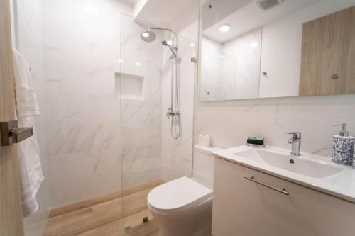 uma casa de banho com um chuveiro, um WC e um lavatório. em Scenic View Apartment in Downtown Punta Cana em Punta Cana