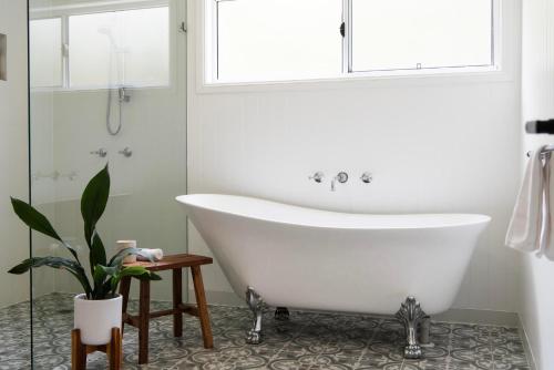 a white bath tub in a bathroom with a plant at Lazy Frog Lodge Mudgee country luxury in Mudgee