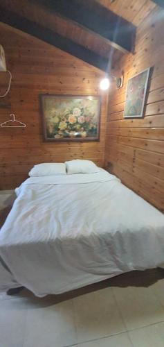 a bedroom with a large white bed in a wooden wall at The Lake House in Migdal