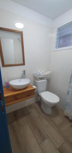 a white bathroom with a toilet and a sink at The Lake House in Migdal