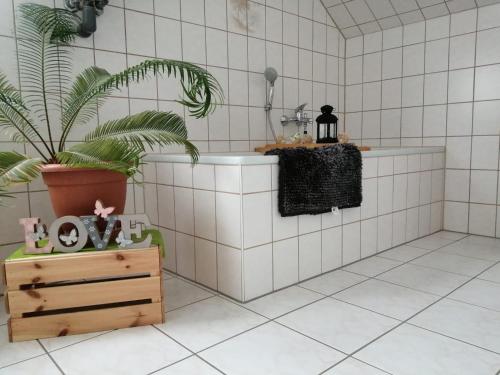 a bathroom with a bath tub and a plant at Dorfidyll im Grünen in Mittelherwigsdorf