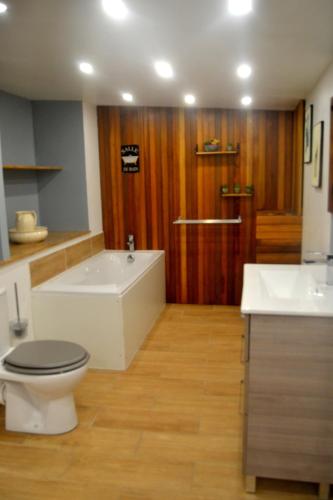 une salle de bain avec une baignoire, des toilettes et un lavabo dans l'établissement Les Gîtes de Monthermé L'Appartement belvédère sur Monthermé, à Monthermé