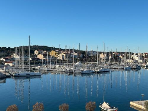 a bunch of boats docked in a harbor at Iris in Jezera