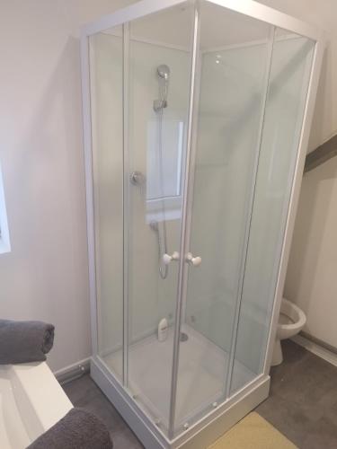 - une douche en verre dans une chambre avec toilettes dans l'établissement studio musique, à Arras
