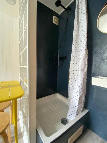 une douche dans une petite salle de bain avec un rideau de douche dans l'établissement Bright Central Flat PARIS, à Paris