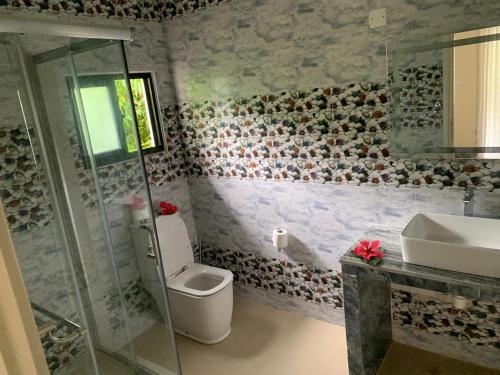 拉迪格島的住宿－丹卡佐自助式度假屋，一间带卫生间和水槽的浴室