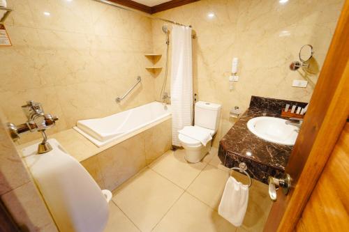 a bathroom with a sink and a tub and a toilet at Sol Y Viento Mountain Hot Springs Resort in Calamba