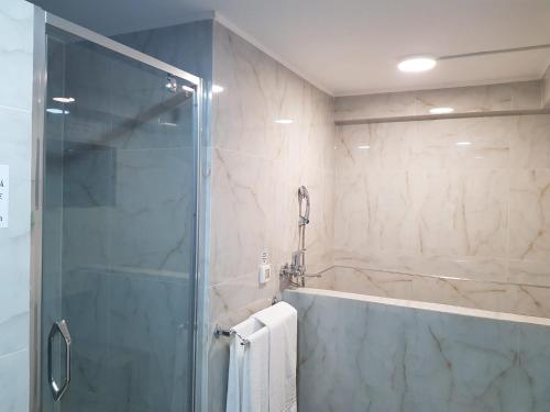 La salle de bains est pourvue d'une douche avec une porte en verre. dans l'établissement Imperial Room4 - ultracentral - minipiscina cu hidromasaj, à Oradea