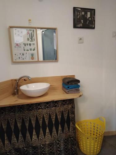 une salle de bain avec un lavabo et un miroir sur un comptoir dans l'établissement Superbe appartement dans charmant corps de ferme, à Achères-la-Forêt