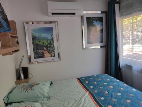 une chambre avec un lit et deux tableaux au mur dans l'établissement Magnifique appartement 6 pers climatisé grande terrasse vue port, au Cap d'Agde