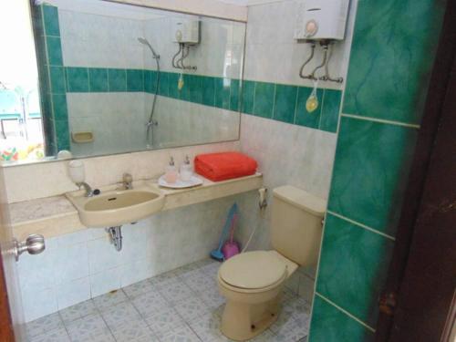 ein Badezimmer mit einem WC, einem Waschbecken und einem Spiegel in der Unterkunft De Marlin's Garden Villa by GroRental in Tegalharendong