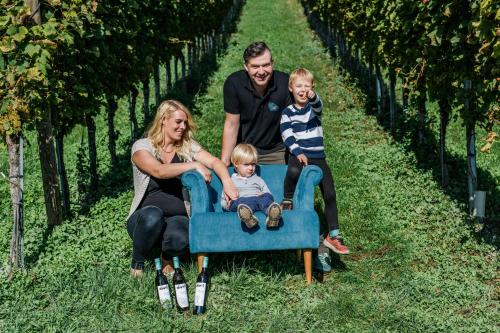 a family sitting in a blue chair in a vineyard at Weingut Dietl in Riegersburg