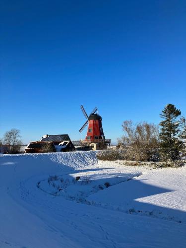 a windmill in the snow with a red building at Ferienhaus Mühle "Neue Hoffnung" in Beidenfleth