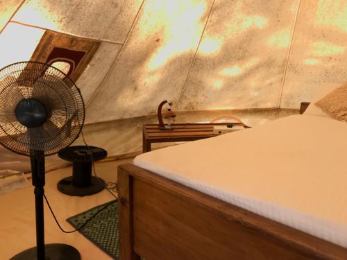 sypialnia z łóżkiem i wentylatorem na podłodze w obiekcie Salt Bay Kite Resort w mieście Kalpitiya