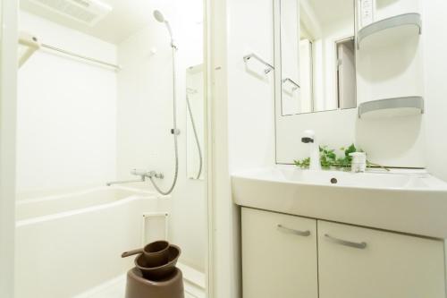 La salle de bains blanche est pourvue d'un lavabo et d'un miroir. dans l'établissement Voga Kolte Chidorimachi - Vacation STAY 2163, à Tokyo