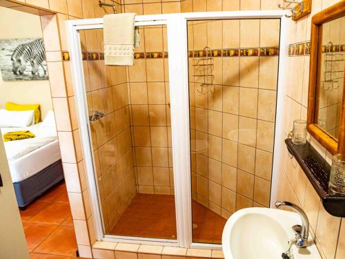 a bathroom with a shower and a sink at Bushbabies-Inn Self-Catering Accommodation in Swakopmund