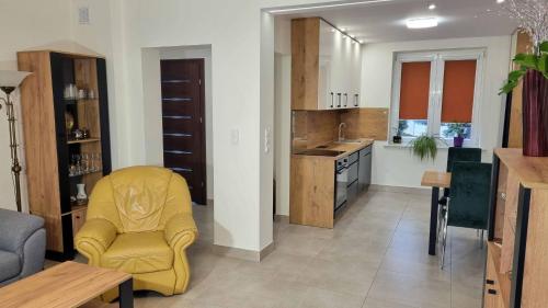 a living room with a yellow chair and a kitchen at Apartament Renii in Tomaszów Mazowiecki
