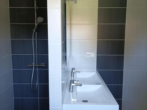 une salle de bain avec un lavabo et une douche dans l'établissement Gîte cosy avec jardin clos à Saint-Lyphard, proche Guérande, au cœur du parc de Brière - FR-1-306-1093, à Saint-Lyphard