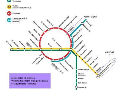 um mapa da linha de metro proposta em 3 Bedroom Flat - Perfect for Families em Copenhague