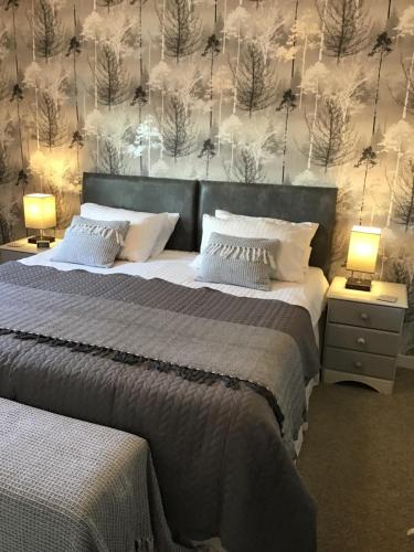 two beds in a bedroom with two lamps on tables at Comelybank Guesthouse in Crieff
