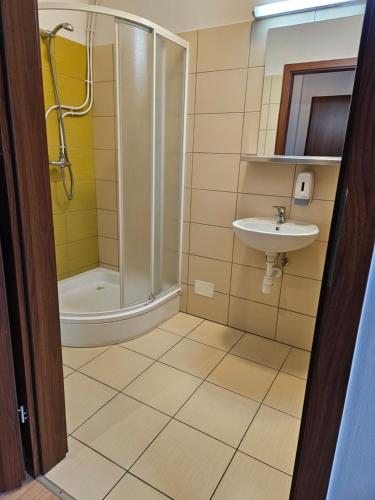 een badkamer met een douche en een wastafel bij Dworek Szumilas in Prudnik